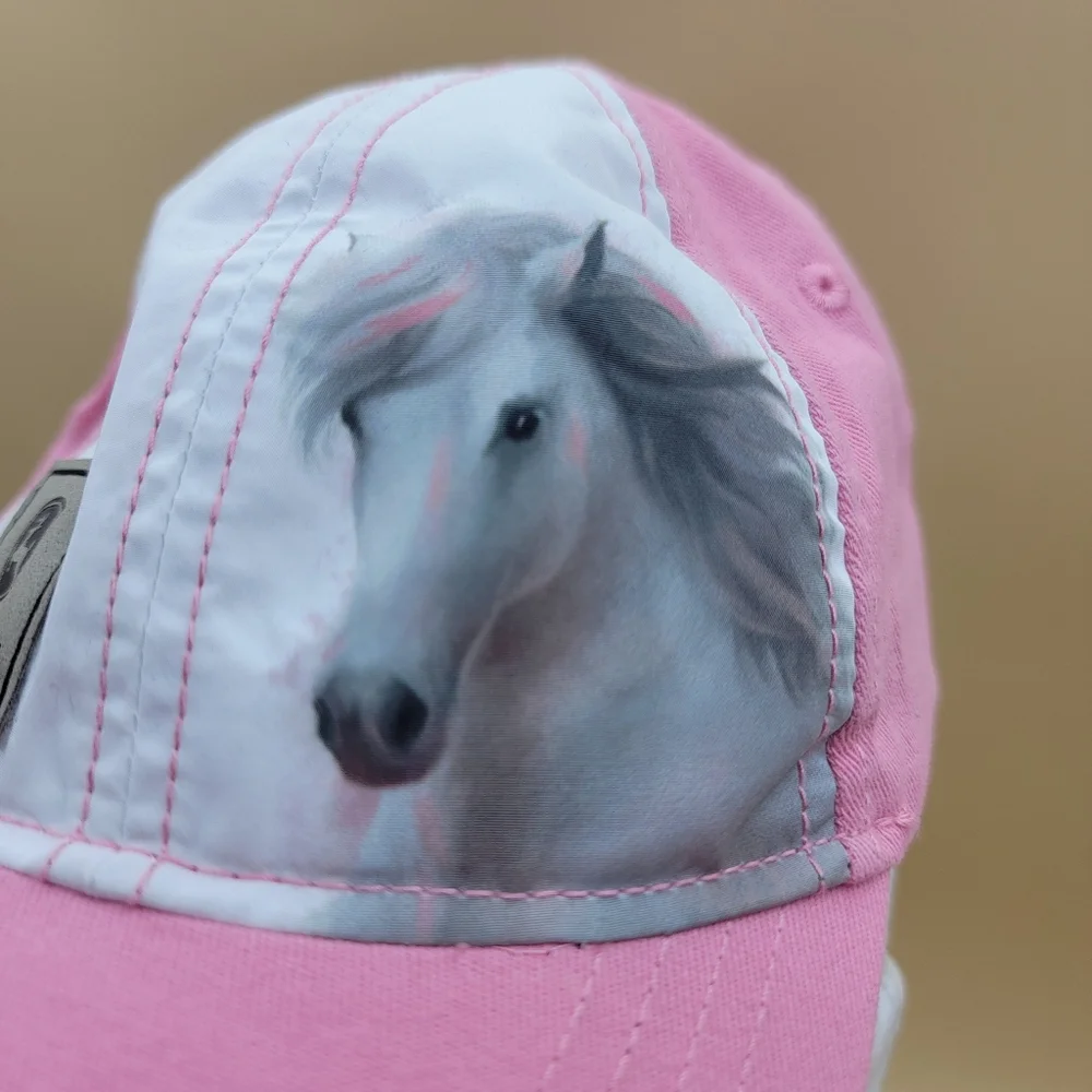 John Deere Toddler Girl's Hat Cap Pink White Horse Image One Size Stretch Back